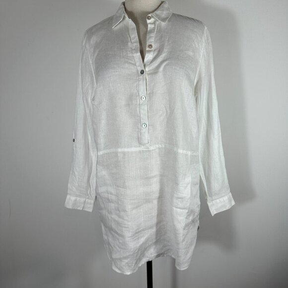 NWT J.Jill Love Linen White 1/2 Button Popover Tunic Top Shirt Size S Linen - Picture 1 of 16